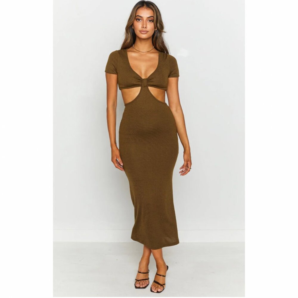 Beginning Boutique Romania Cut Out Midi Dress Brown